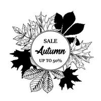 Autumn Sale design with hand drawn leaves. Vector illustration in sketch style isolated on white. Realistic forest design elements Space for text