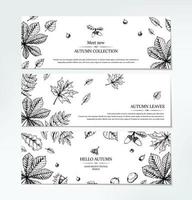 Set of hand drawn autumn horizontal banners with falling leaves, acorn and berries. Vector illustration in sketch style isolated on white. Space for text