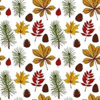 Autumn seamless pattern with cones, leaves, Christmas tree branches isolated on white background. Hand drawn colored sketch vector illustration. Vintage line art