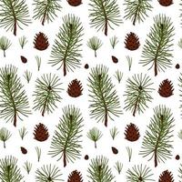 Hand drawn forest and Christmas seamless pattern with fir tree and pine tree branches and cones isolated on white background. Vector illustration in colored sketch style