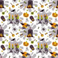 Halloween cute seamless pattern with a moon, bat, spider, cat, candles and grave. Children design for clothes, wrapping paper, textile, fabric, wallpaper. Vector illustration