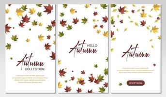 Pack of autumn vertical designs with colorful falling maple leaves. Place for text. Vector illustration