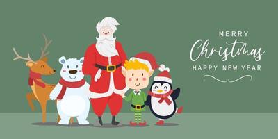 feliz navidad y próspero año nuevo tarjeta de felicitación con lindo santa claus, renos, oso polar, niño elfo y dibujos animados de pingüinos. ilustración vectorial vector