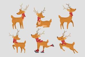 Set of Cute Reindeer character design. Happy and Funny cartoon with gift and decorative elements for Christmas vector illustration