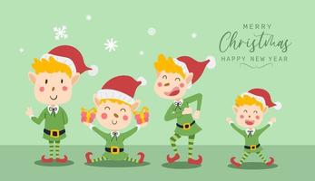 Feliz Navidad y feliz año nuevo tarjeta de felicitación con lindo disfraz de niño elfo divertido y feliz diseño de personajes en estilo plano. ilustración vectorial vector