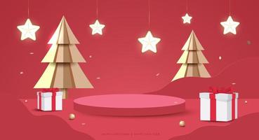 Merry Christmas and Happy New Year banner. Minimal mock up scene with studio podium to show product display. 3D vector tree xmas,  gift boxes and party elements