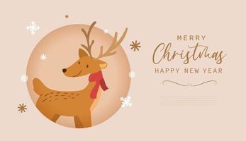 Merry christmas and happy new year greeting card with cute Reindeer cartoon in modern flat style. Vector illustration