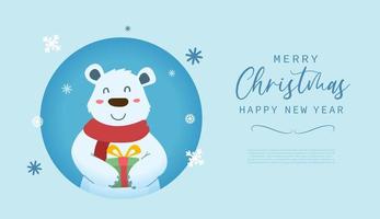 Merry christmas and happy new year greeting card with cute Polar Bear and gift box cartoon in modern flat style. Vector illustration