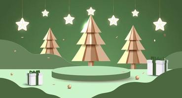 Merry Christmas and Happy New Year banner. Minimal mock up scene with studio podium to show product display. 3D vector tree xmas,  gift boxes and party elements