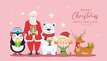 feliz navidad y próspero año nuevo tarjeta de felicitación con lindo santa claus, renos, oso polar, niño elfo y dibujos animados de pingüinos. ilustración vectorial vector