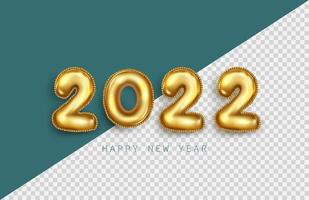 feliz año nuevo 2022. números metálicos dorados 2022 en signo 3d realista sobre fondo transparente. Ilustración de vector de elementos de vacaciones para banner, cartel y diseño