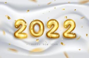 Happy New Year 2022. Golden metallic numbers 2022 in realistic 3d on soft white background with shiny glitters or ribbon falling. Holiday elements vector illustration for banner, poster and design