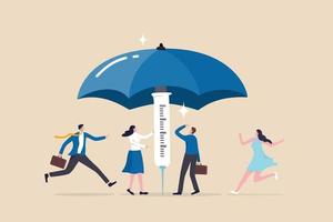 Vaccination campaign help build herd immunity to protect from Coronavirus infection, vaccinated people running to get covered sheltered under big strong umbrella built from vaccine syringe. vector