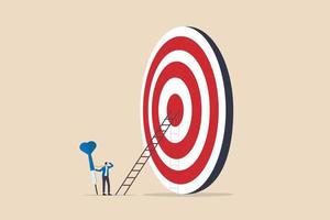 Aiming for high target mission, plan and strategy to achieve goal, business opportunity or career success journey concept, contemplate businessman hold big dart about to climb up ladder to bullseye. vector