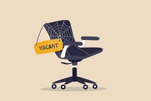 Labor shortage, worker needed not enough skill staff to fill in job vacancy, help wanted or employment demand concept, office chair with sign vacant covered by spider web metaphor of labor shortage. vector