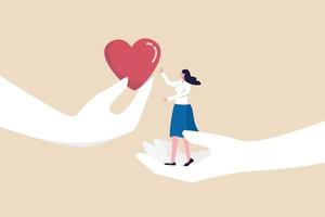 Empathy or sympathy understanding and share feeling with others, support or help community, kindness and compassion concept, supporting hand carry misfortune depressed woman and giving heart shape. vector