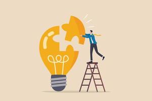 Solve business problem with creativity, finishing or complete brilliant idea, work solution or business idea concept, smart businessman assemble last piece of jigsaw to complete lightbulb idea puzzle. vector