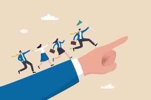 Leadership to lead team members, business direction to achieve goal or target, teamwork to success in work, businessman leader holding winner flag running lead business people on pointing finger. vector