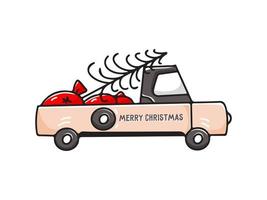 A car icon with a Christmas tree and a bag of gifts in doodle style. Vector sketch illustration of a pickup truck carrying a Christmas tree with presents