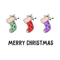 Christmas greeting card with hand-drawn colorful gift socks and lettering Merry Christmas. vector