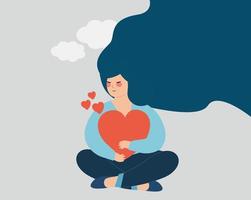 Woman holds and hugs a big heart. Happy girl cares a heart with love while sitting. Female love and self acceptance, positive mind, inner peace, mental concept. Flat vector illustration.