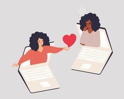 Flat character woman comforts her best friend via the computer. Girl consoles a black woman with mental issues. Female with broken heart crying, being supported by someone else online. Vector style.