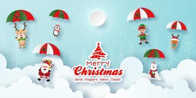 Origami Paper art of Santa Claus and cute character make a parachute jump on the sky, Merry Christmas and Happy New Year vector