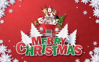 Origami Paper art of Santa Claus and Christmas red car with text MERRY CHRISTMAS on red background vector