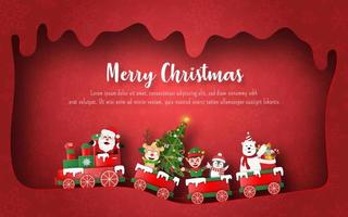 Arte de papel de origami de Papá Noel y amigos en el tren de Navidad, fondo de banner de postal vector