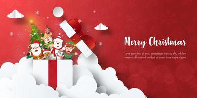 feliz navidad y próspero año nuevo, postal de banner navideño de santa claus y amigos en caja de regalo vector