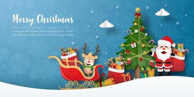 Merry Christmas and Happy New Year, Christmas party with Santa Claus and reindeer, Banner background vector