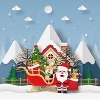 Paper art, Craft style of Santa Claus and reindeer with sleigh, Merry Christmas and Happy New Year vector