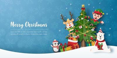 Merry Christmas and Happy New Year, Christmas party with reindeer and friends, Banner background