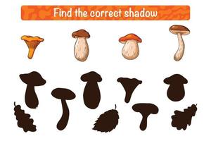 Encuentra el juego educativo correcto de sombra de hongos comestibles para niños. vector