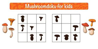 juego educativo de mushroomdoku para niños. Sudoku con actividad de setas comestibles para niños. vector