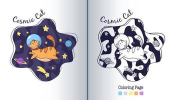 Cosmic Cat in Space Coloring Page vector