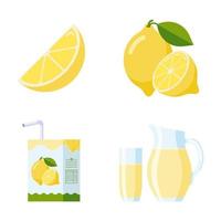 Juego de limonada y fruta de limón fresco. colección de estilo plano. rodaja de limón y fruta entera, paquetes de jugo de limón vector