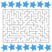 Abstract rectangular maze with a cute color cartoon character. Blue stars. An interesting and useful game for children. Simple flat vector illustration isolated on white background.
