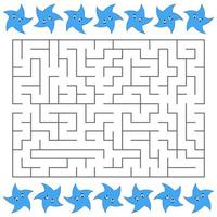 Abstract rectangular maze with a cute color cartoon character. Blue stars. An interesting and useful game for children. Simple flat vector illustration isolated on white background.