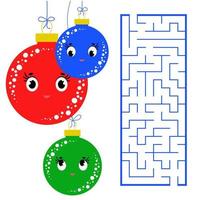 Abstract square maze with a cute color cartoon character. Beautiful Christmas balls. An interesting and useful game for children. Simple flat vector illustration isolated on white background.