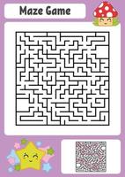 Abstract square maze. Kids worksheets. Game puzzle for children. Cute star and mushroom. One entrances, one exit. Labyrinth conundrum. Vector illustration. With answer.