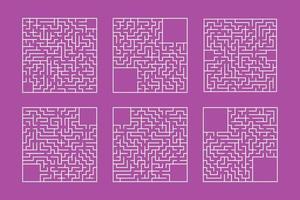 A set of square mazes. Game for kids. Puzzle for children. One entrances, one exit. Labyrinth conundrum. Flat vector illustration isolated on color background. Whith place for your image.