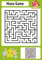 Abstract square maze. Kids worksheets. Game puzzle for children. Cute star and mushroom. One entrances, one exit. Labyrinth conundrum. Vector illustration. With answer.