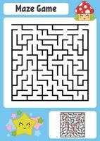 Abstract square maze. Kids worksheets. Game puzzle for children. Cute star and mushroom. One entrances, one exit. Labyrinth conundrum. Vector illustration. With answer.