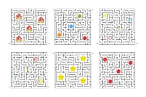 A set of square mazes. Game for kids. Puzzle for children. One entrances, one exit. Labyrinth conundrum. Flat vector illustration isolated on white background. With cartoon characters.
