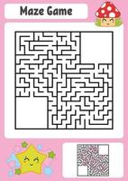 Abstract square maze. Kids worksheets. Game puzzle for children. Cute star and mushroom. One entrances, one exit. Labyrinth conundrum. Vector illustration. With answer. With place for your image.