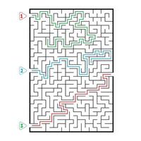 Abstract rectangular large maze. Game for kids. Puzzle for children. Three entrances, one exit. Labyrinth conundrum. Flat vector illustration isolated on white background. With answer.