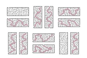 A set of rectangular mazes. Game for kids. Puzzle for children. One entrances, one exit. Labyrinth conundrum. Flat vector illustration isolated on white background. With answer.