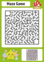 Abstract square maze. Kids worksheets. Game puzzle for children. Cute star and mushroom. One entrances, one exit. Labyrinth conundrum. Vector illustration. With answer.