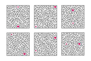 A set of square mazes. Game for kids. Puzzle for children. One entrances, one exit. Labyrinth conundrum. Flat vector illustration isolated on white background.